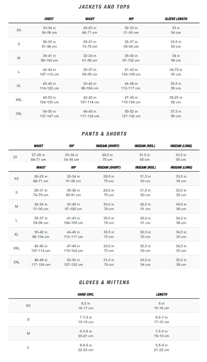 north face xxs size chart